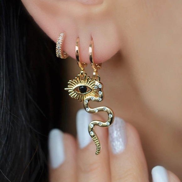 Earrings  Snake Evil Eye Hoop Trio Earrings 18k Gold Tone Luxury - Picture 1 of 9
